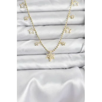 Pirinç Gold Renk Zirkon Taşlı Kutup Yıldızı Model Kadın Kolye