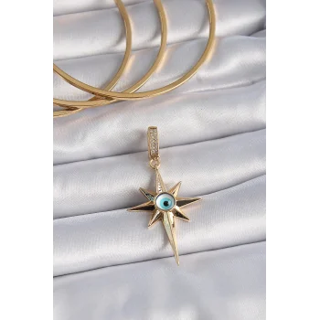 Pirinç Gold Renk Zirkon Taşlı Kutup Yıldızı Nazar Boncuk Detay Ajda Charm