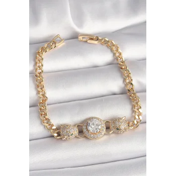 Pirinç Gold Renk Zirkon Taşlı Leopar Figür Zincir Model Kadın Bileklik
