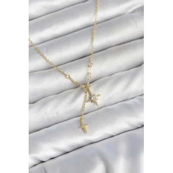 Pirinç Gold Renk Zirkon Taşlı Minimal Sallantılı Kutup Yıldızı Model Kadın Kolye