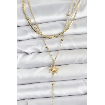 Pirinç Gold Renk Zirkon Taşlı Model Detaylı 3lü Kombin Y Kadın Kolye