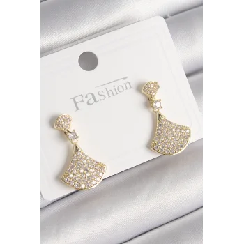 Pirinç Gold Renk Zirkon Taşlı Motif Model Kadın Küpe