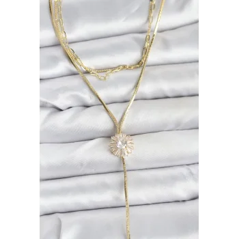 Pirinç Gold Renk Zirkon Taşlı Papatya Model Detaylı 3lü Kombin Y Kadın Kolye