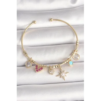 Pirinç Gold Renk Zirkon Taşlı Sallantı Kutup Yıldız Figür İnci Detay Charm Kadın Bileklik