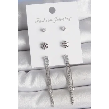 Pirinç Gold Renk Zirkon Taşlı Sallantılı Çiçek Detay 3 Çfit Kadın Küpe Seti