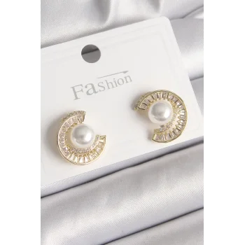 Pirinç Gold Renk Zirkon Taşlı Salyangoz Model İnci Detay Kadın Küpe