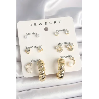 Pirinç Gold Renk Zirkon Taşlı Sarmal Halka Model 7Li Kadın Küpe Seti