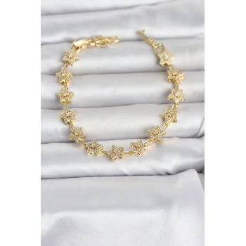 Pirinç Gold Renk Zirkon Taşlı Sıralı Yıldız Model Kadın Bileklik