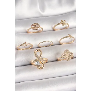 Pirinç Gold Renk Zirkon Taşlı Sonsuzluk Figür Yıldız Detay Kadın Yüzük Kombini