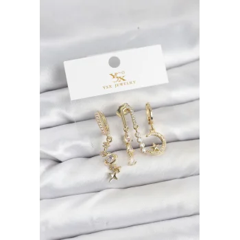 Pirinç Gold Renk Zirkon Taşlı Uzay Model YSX Trio Küpe Seti