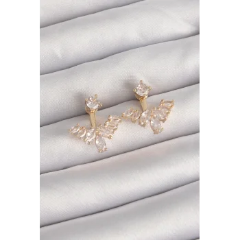 Pirinç Gold Renk Zirkon Taşlı V Model Küpe