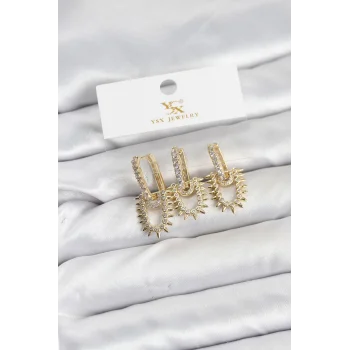 Pirinç Gold Renk Zirkon Taşlı Vintage Model YSX Trio Küpe Seti