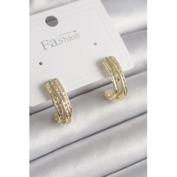 Pirinç Gold Renk Zirkon Taşlı Yarım Halka Model Kadın Küpe
