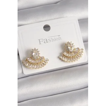 Pirinç Gold Renk Zirkon Taşlı Yelpaze Model Kadın Küpe