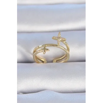 Pirinç Gold Renk Zirkon Taşlı Yıldız Model Kadın Yüzük