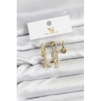 Pirinç Gold Renk Zirkon Taşlı Yıldız Vintage Model YSX Trio Küpe Seti