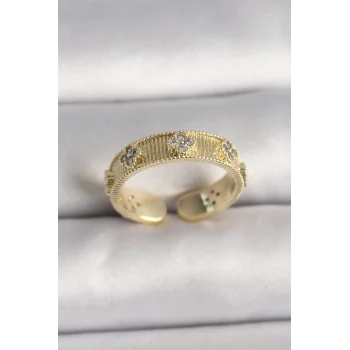 Pirinç Gold Renk Zirkon Taşlı Yonca İşlemeli Ayarlanabilir Yüzük