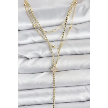 Pirinç Gold Renk Zirkon Taşlı Yonca Model Detaylı 3lü Kombin Y Kadın Kolye