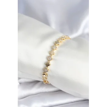 Pirinç Gold Renk Zirkon Taşlı Yonca Model Kadın Bileklik