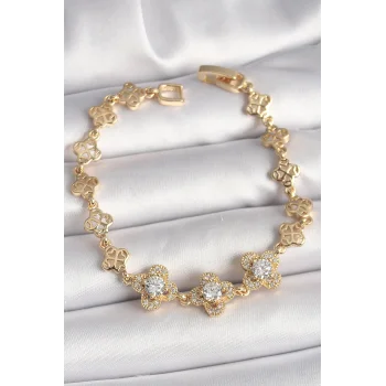 Pirinç Gold Renk Zirkon Taşlı Yonca Model Kadın Bileklik