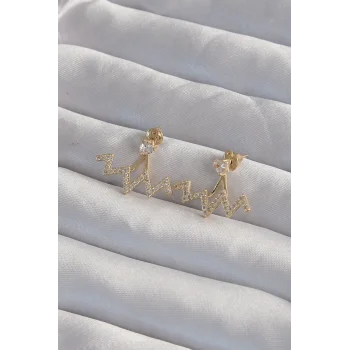 Pirinç Gold Renk Zirkon Taşlı Zikzak Küpe