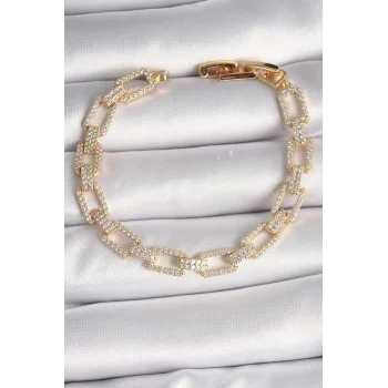 Pirinç Gold Renk Zirkon Taşlı Zincir Model VIP Seri Kadın Bileklik