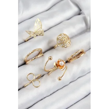 Pirinç Gül Kelebek Model Gümüş Renk Kadın Yüzük Kombin Set