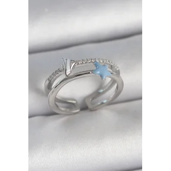 Pirinç Gümüş Renk 2Li Zirkon Taşlı Mavi Yıldız Figür Ayarlanabilir Kadın Yüzük