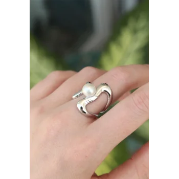 Pirinç Gümüş Renk Ayarlanabilir İnci Taşlı Yüzük