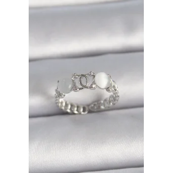 Pirinç Gümüş Renk Ayarlanabilir Zirkon Taşlı Beyaz Mineli Birleşik Halka Model Kadın Yüzük