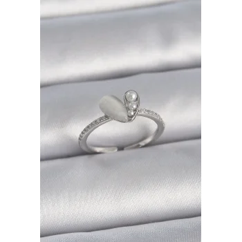 Pirinç Gümüş Renk Ayarlanabilir Zirkon Taşlı İncili Beyaz Mineli Kalp Model Kadın Yüzük