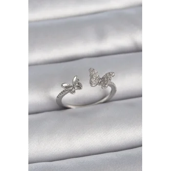 Pirinç Gümüş Renk Ayarlanabilir Zirkon Taşlı Kelebek Model Kadın Yüzük