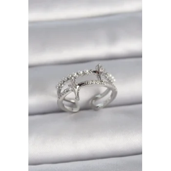 Pirinç Gümüş Renk Ayarlanabilir Zirkon Taşlı Kutup Yıldız İnci Detay Kadın Yüzük