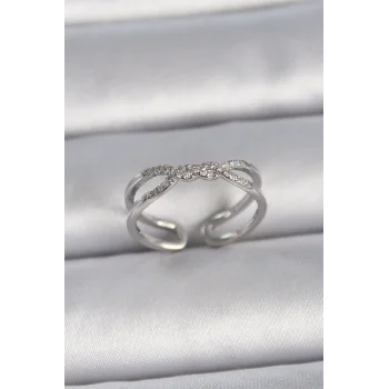 Pirinç Gümüş Renk Ayarlanabilir Zirkon Taşlı Sarmal Model Kadın Yüzük