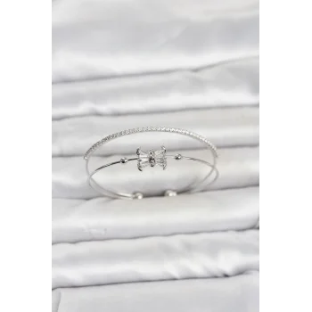 Pirinç Gümüş Renk Baget Zirkon Taşlı Objeli Kadın Bileklik