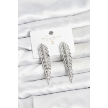 Pirinç Gümüş Renk Balık Sırtı Model Zirkon Taşlı Kadın Küpe