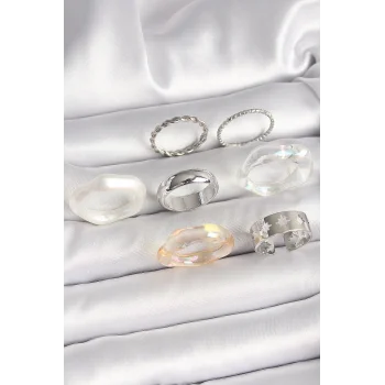 Pirinç Gümüş Renk Beyaz Akrilik Plastik Model Kutup Yıldız İşleme Detaylı Kadın Yüzük Kombini