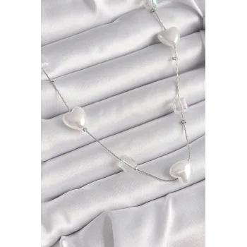 Pirinç Gümüş Renk Beyaz İnci Kalp Model Kadın Kolye