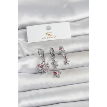 Pirinç Gümüş Renk Çiçek Model 3lü Kadın Küpe