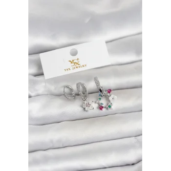 Pirinç Gümüş Renk Çiçek Model 3lü Kadın Küpe