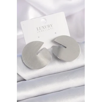 Pirinç Gümüş Renk Daire Plaka Model Kadın Küpe