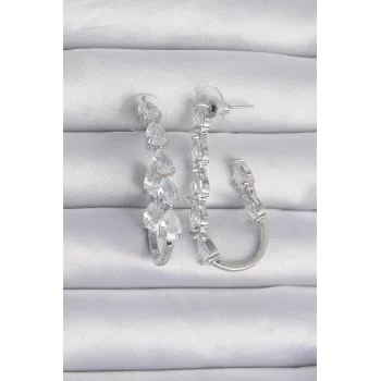 Pirinç Gümüş Renk Damla Zirkon Taş Tasarımlı Küpe