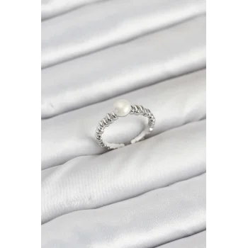 Pirinç Gümüş Renk Göbek İnci Model Kadın Yüzük