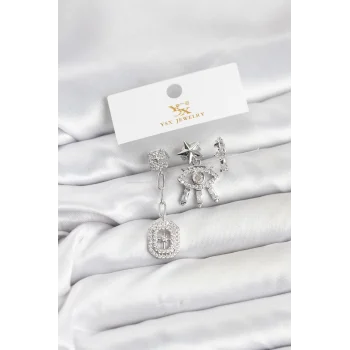 Pirinç Gümüş Renk Göz ve Kutup Yıldızı Model YSX Trio Küpe Seti