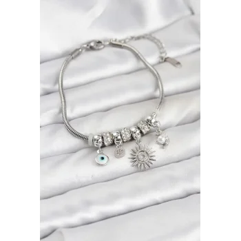 Pirinç Gümüş Renk Güneş Charmlı Kadın Bileklik