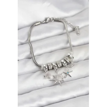 Pirinç Gümüş Renk Güneş Tema Charmlı Kadın Bileklik