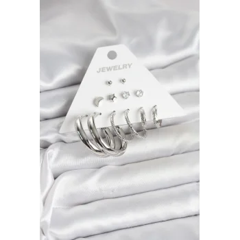 Pirinç Gümüş Renk Halka Modelli 6 Çift Kadın Küpe