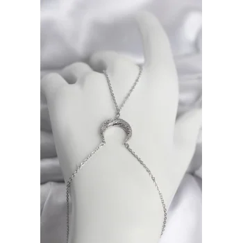 Pirinç Gümüş Renk Hilal Model Zirkon Taşlı Kadın Şahmeran