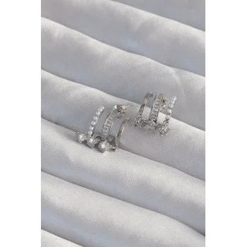 Pirinç Gümüş Renk İncili Çoklu Zirkon Taşlı Yarım Halka Küpe