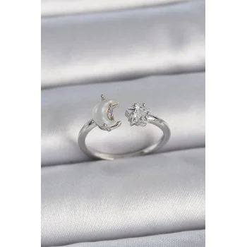 Pirinç Gümüş Renk İncili Hilal Zirkon Taşlı Yıldız Ayarlanabilir Kadın Yüzük